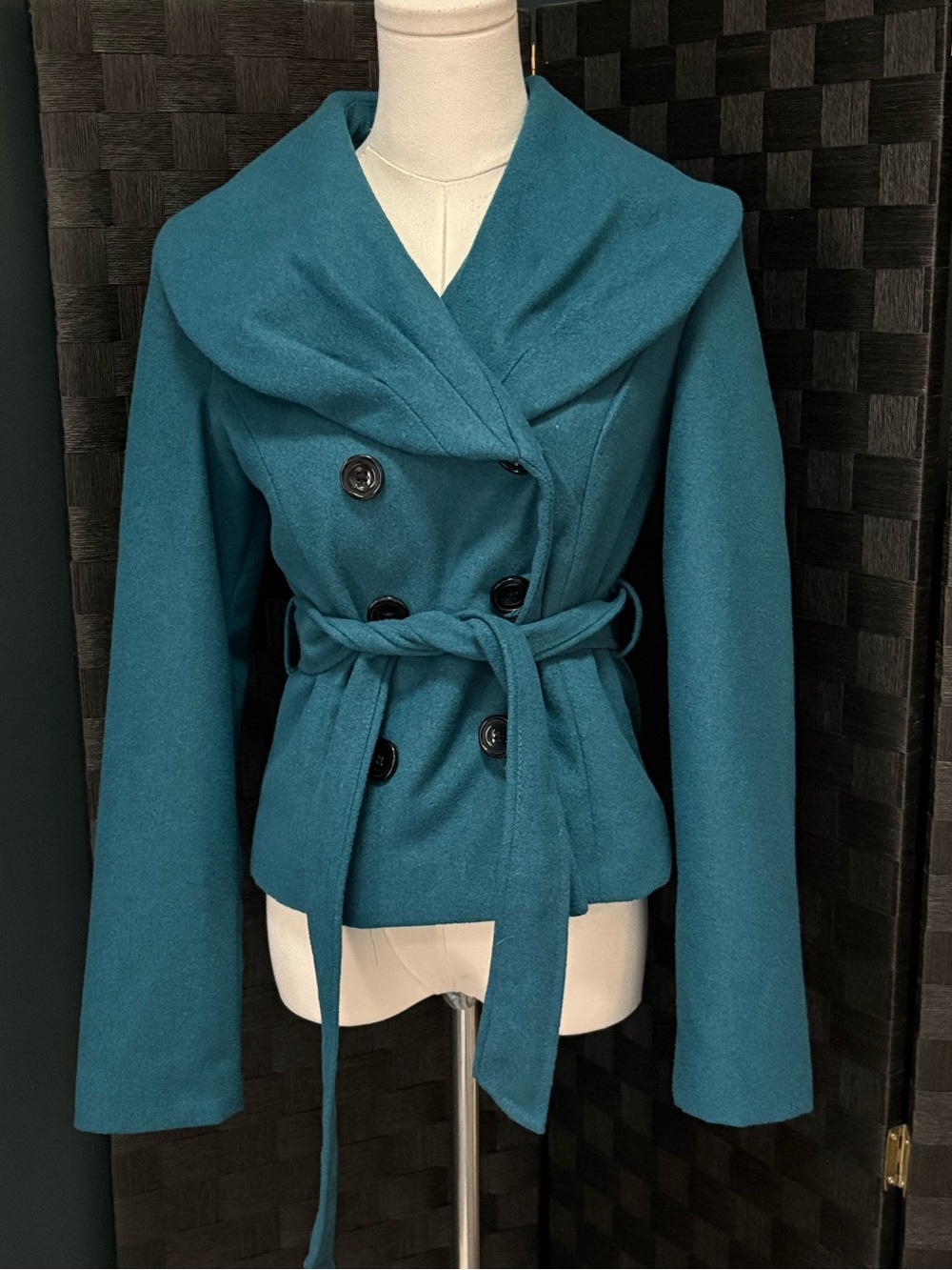 Candie’s Teal Shawl Collar Belted Double Breasted Pea Coat Jacket Size M